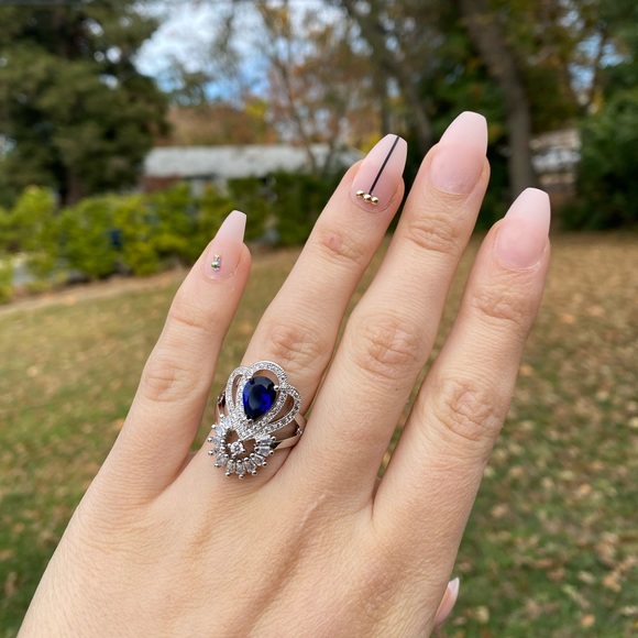 925 silver Luxury Water Drop Blue Sapphire Ring - Picture 7 of 11